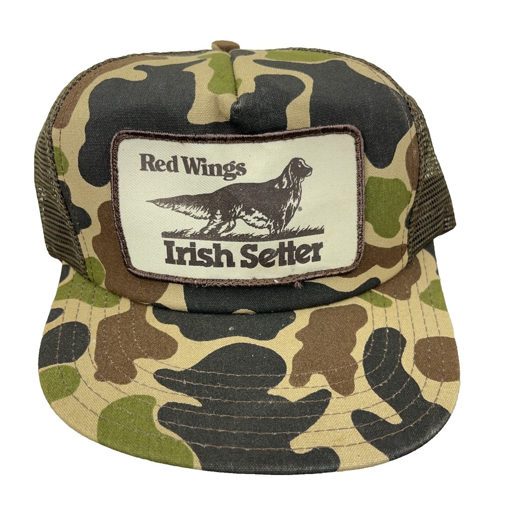 Vintage Red Wings Irish‎ Setter Trucker Hat Made In USA Bubble Camo Patch 80s